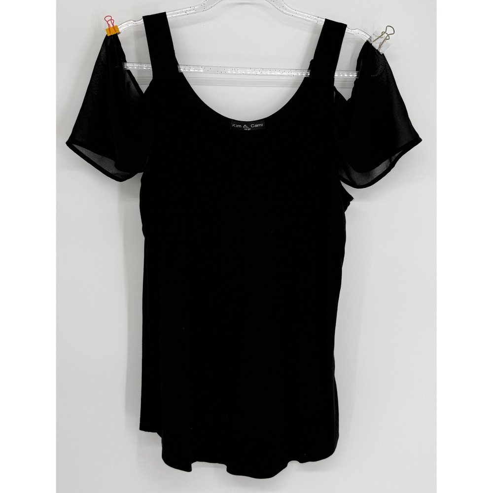 Kim & Cami Women Black Cold Shoulder Flutter Sleeve Scoop Neck Top Large